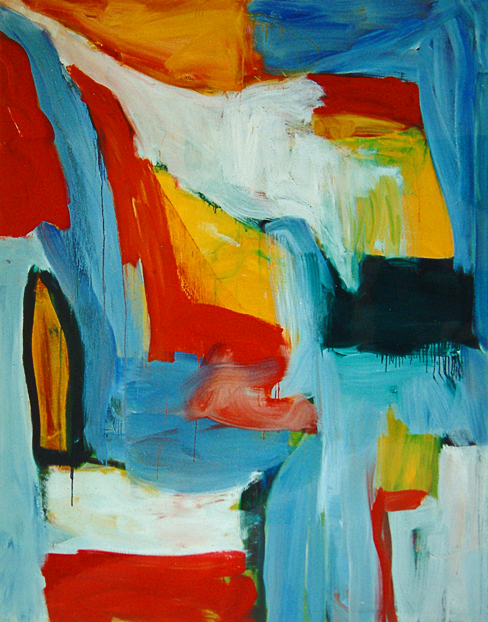 An abstract painting of large brushstrokes in red, yellow, and blue by Fons Heijnsbroek (1998). CC BY 2.0
